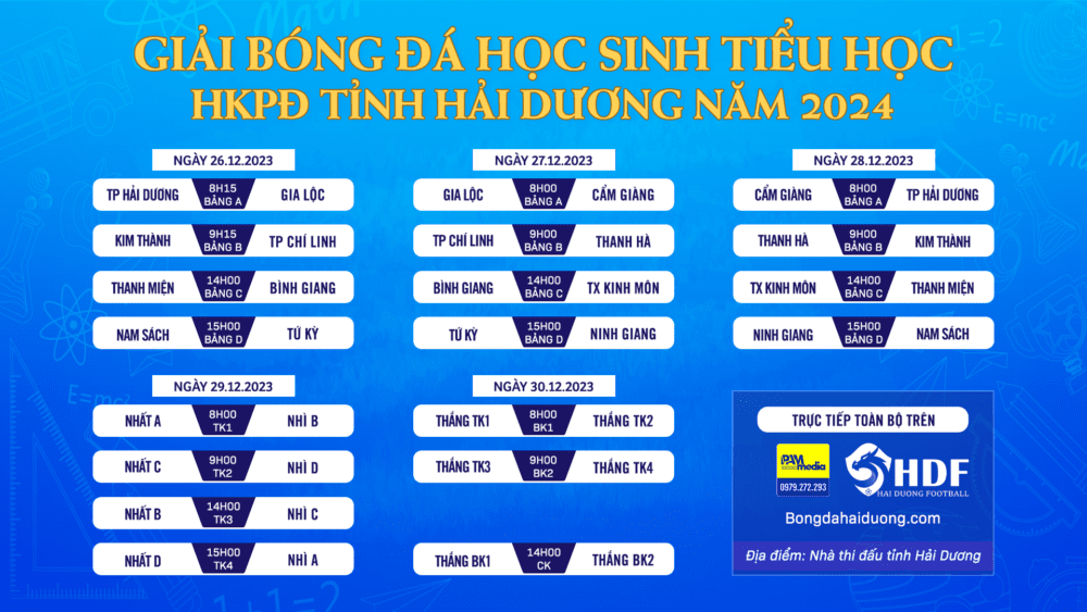 Lịch thi đấu chính thức giải bóng đá Học Sinh tiểu học HKPĐ tỉnh Hải Dương năm 2024